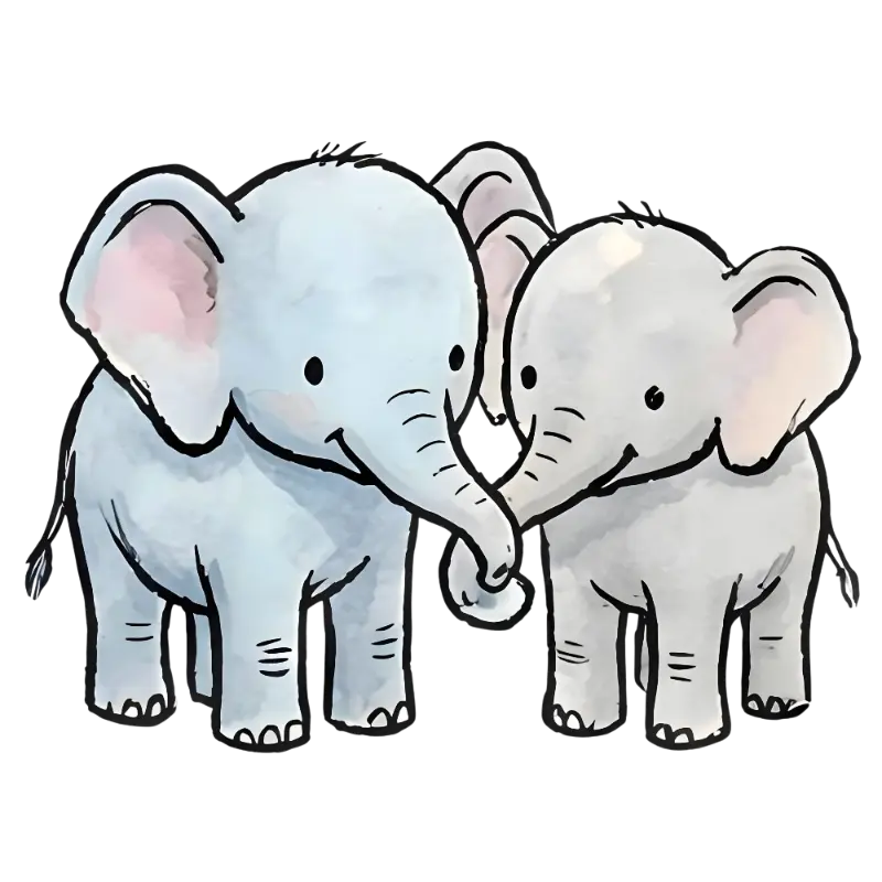 Sweet Watercolor Baby Elephants with Intertwined Trunks
