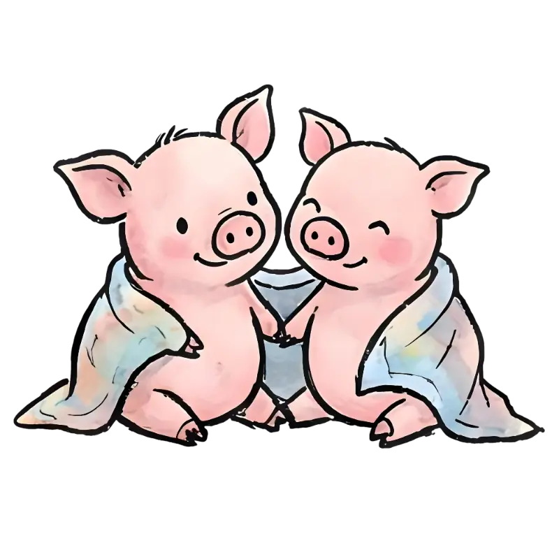 Sweet Cartoon Pigs with Rosy Cheeks in Watercolor Blankets