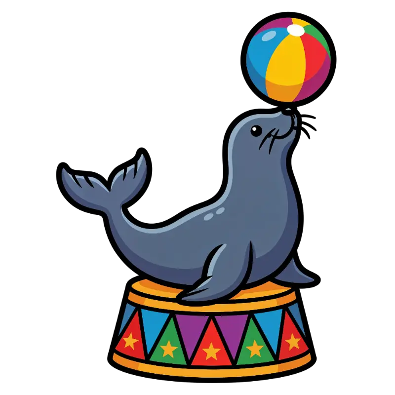 Whimsical Circus Seal Balancing Colorful Beach Ball Illustration