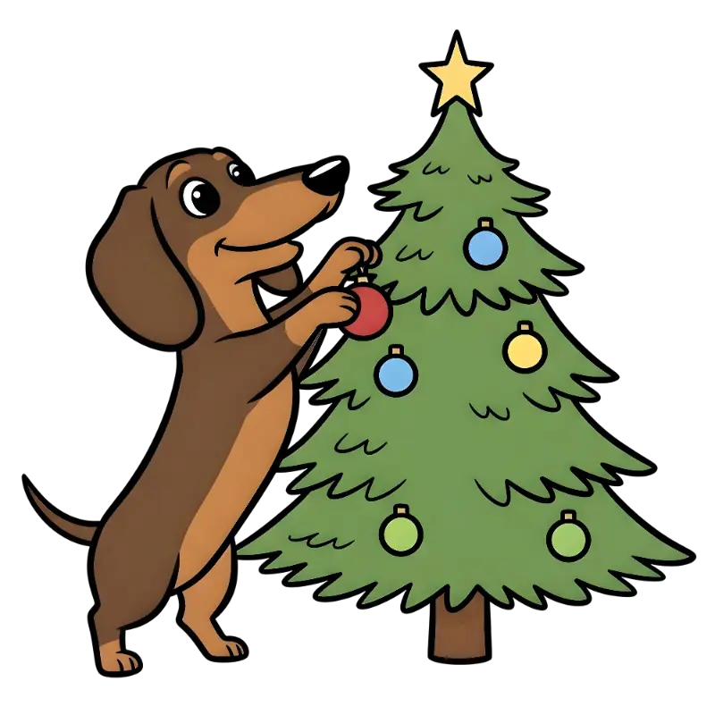 Cartoon Dachshund Decorating Christmas Tree Festive Graphic