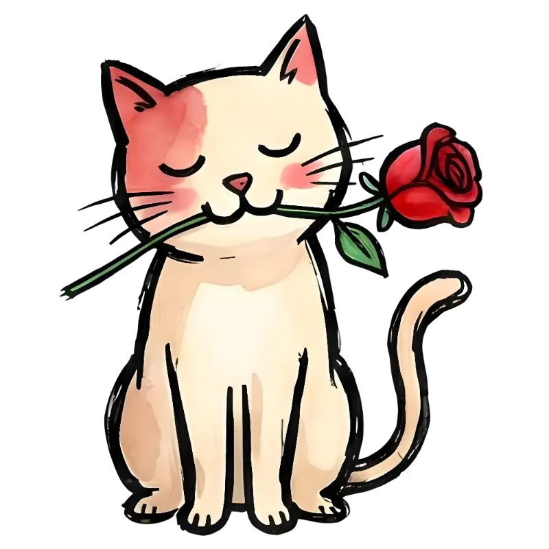 Cute Hand-drawn Watercolor Cat with Rose Illustration