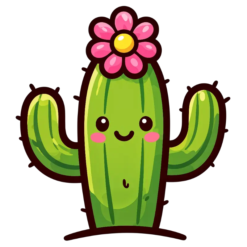 Cute Cartoon Cactus with Pink Flower and Blush Cheeks