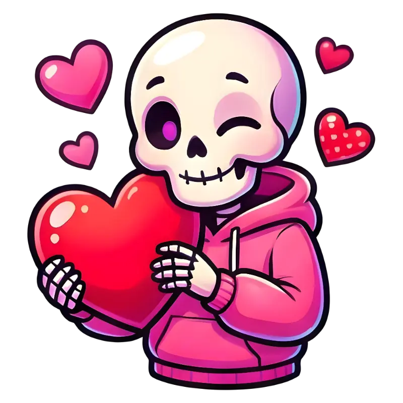 Chibi Winking Skeleton in Pink Hoodie Holding Heart