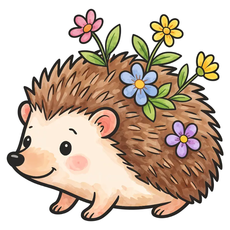 Cute Watercolor Smiling Hedgehog with Colorful Wildflowers