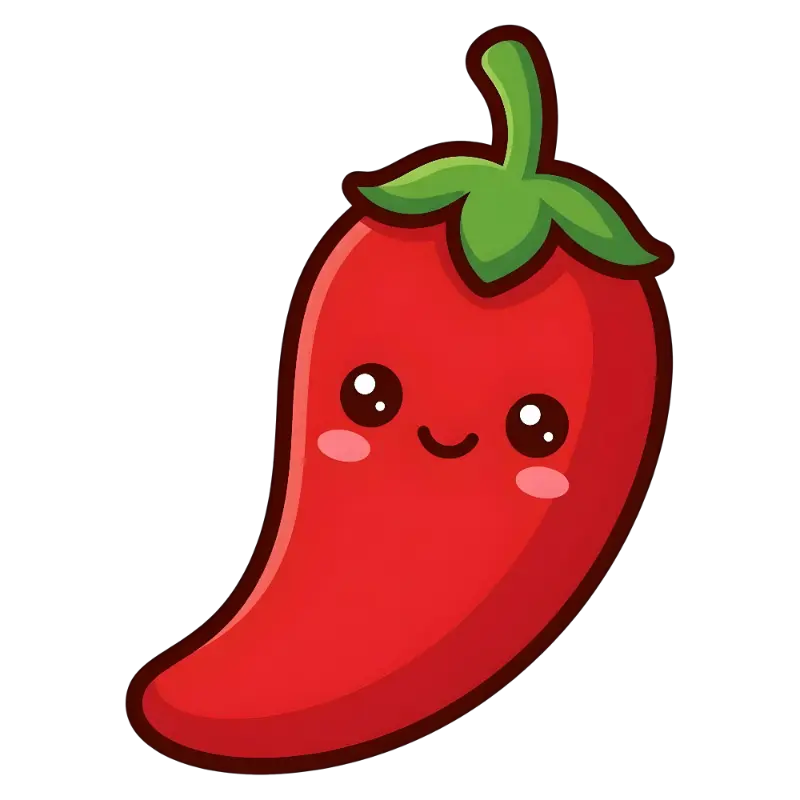 Kawaii Red Chili Pepper with Big Smiling Eyes and Pink Blush Character