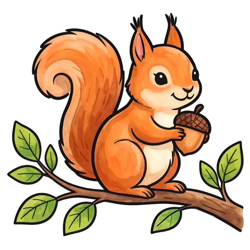 Fluffy Watercolor Squirrel Character Holding Acorn on Branch