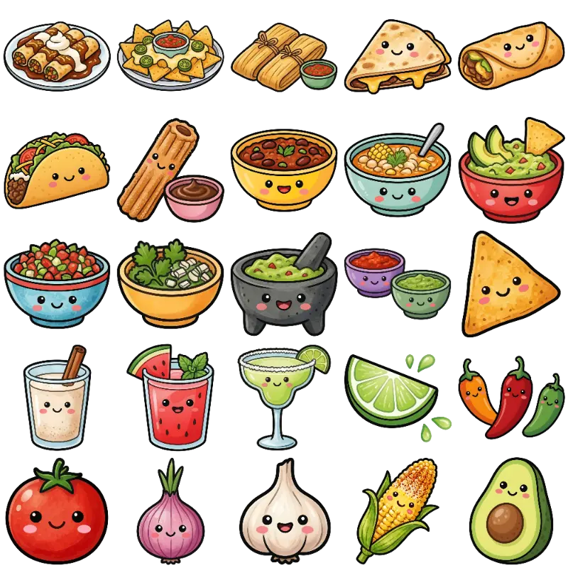 Kawaii Smiling Mexican Food and Drink Characters