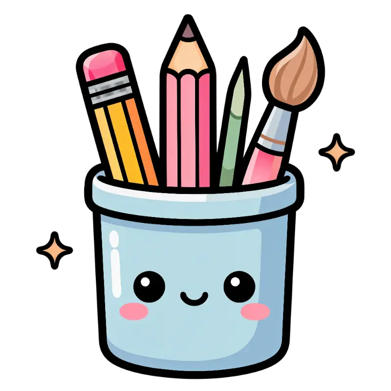 Kawaii Smiling Cup Character with Pastel Art Supplies