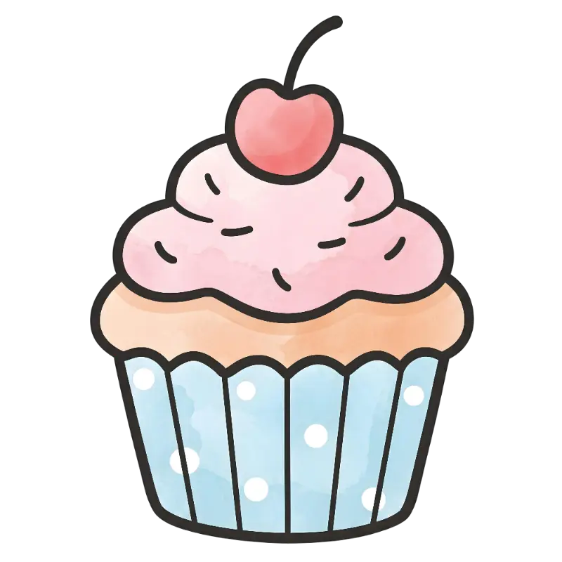 Charming Watercolor Cupcake with Cherry and Polka Dot Wrapper