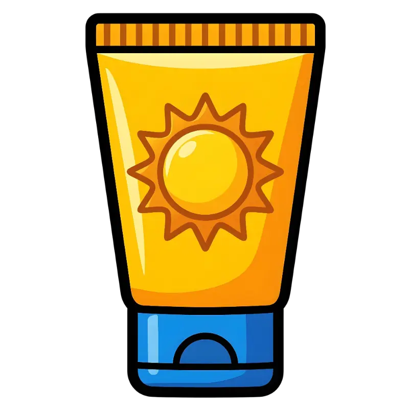 Outline Cartoon Sunscreen Tube with Bright Sun Icon and Blue Cap