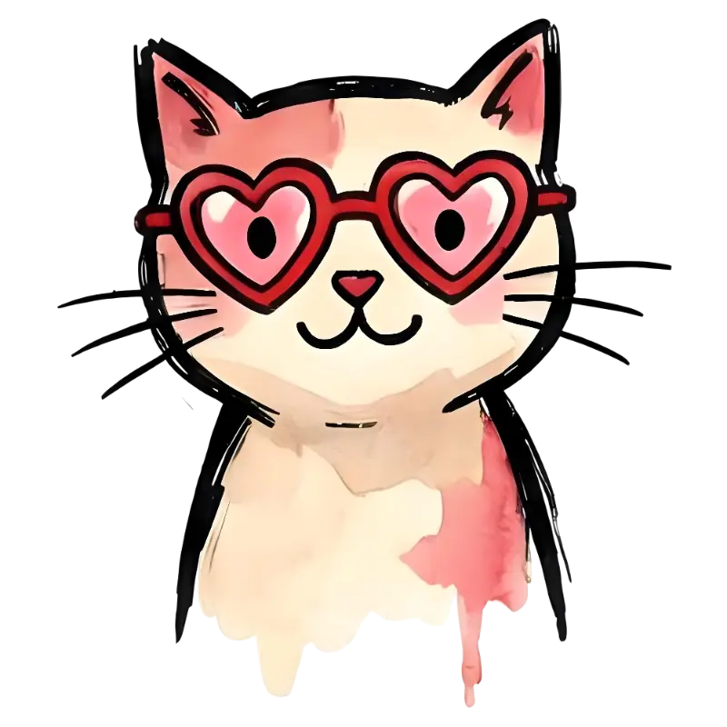 Watercolor Cartoon Cat Illustration with Heart Glasses