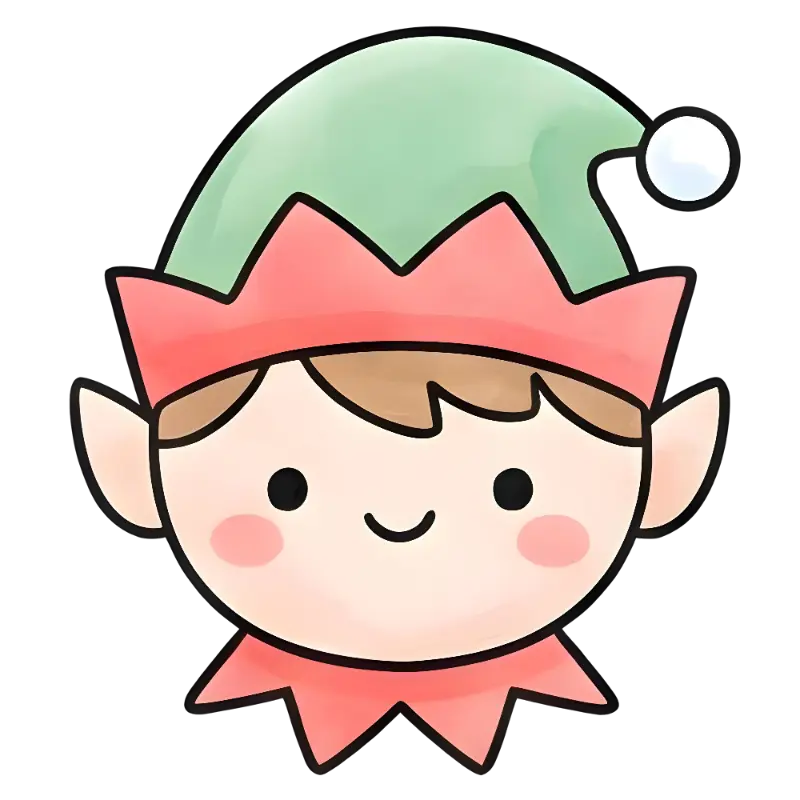 Cute Elf Head Illustration, Watercolor Style for Holiday Stickers