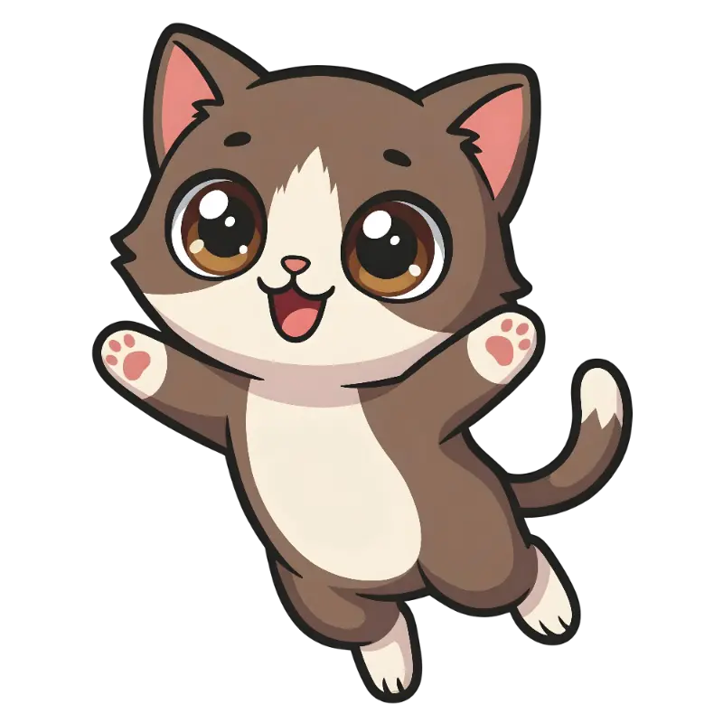 Kawaii Happy Cat with Open Mouth and Paws Up