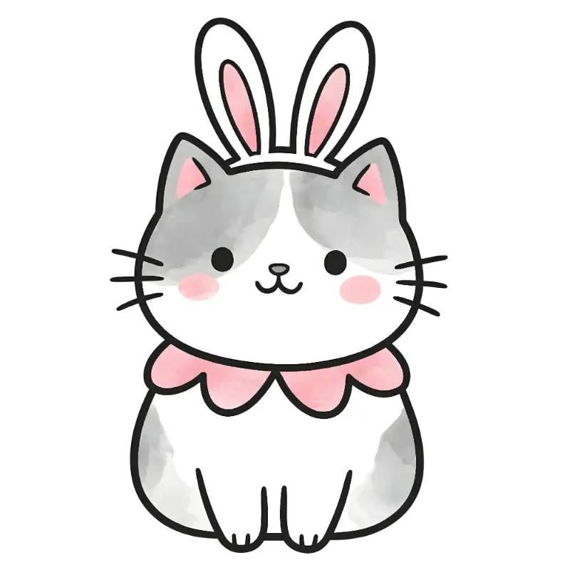 Kawaii Cat Bunny Ears Kiss Cut Sticker - Watercolor Design