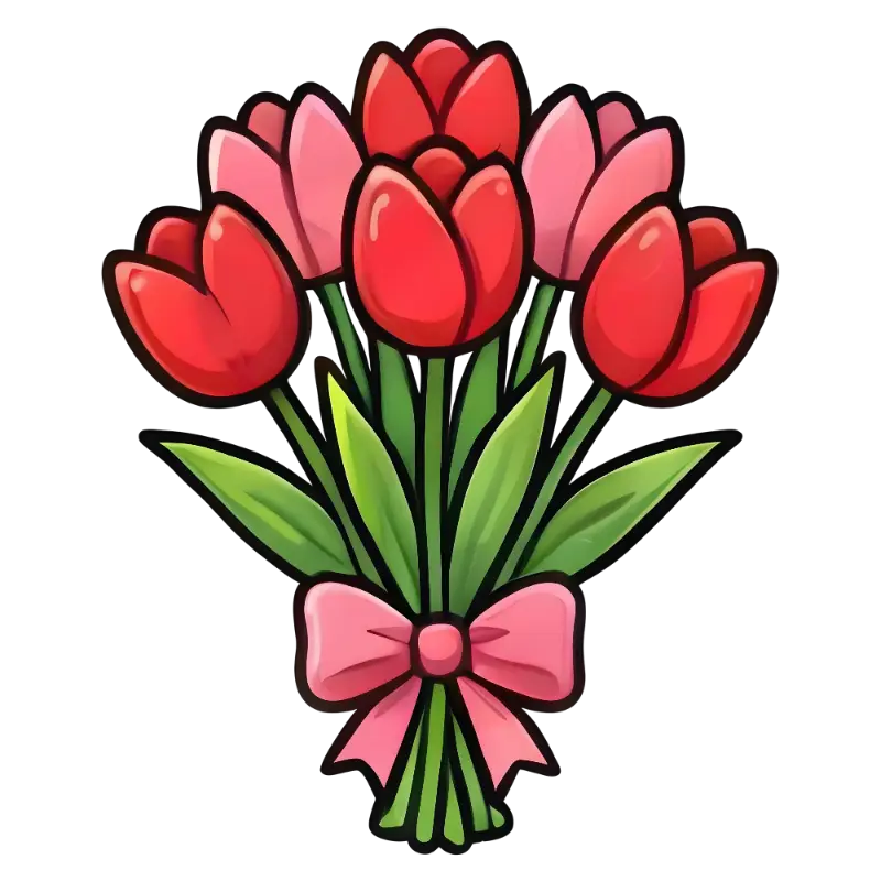 Playful Cartoon Tulip Bouquet with Decorative Pink Bow