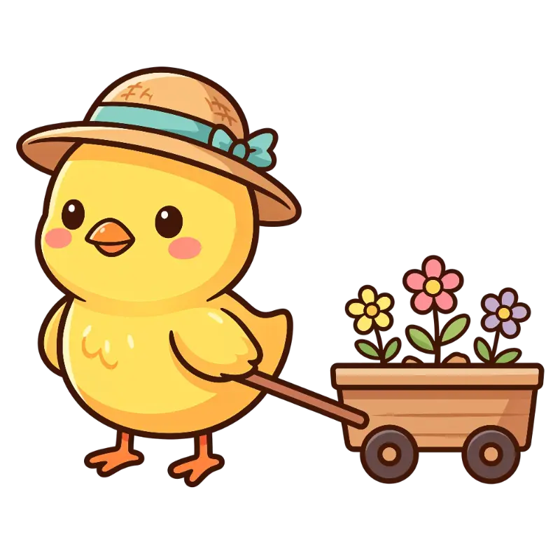 Cute Cartoon Chick with Rosy Cheeks Pulling Flower Wagon Design