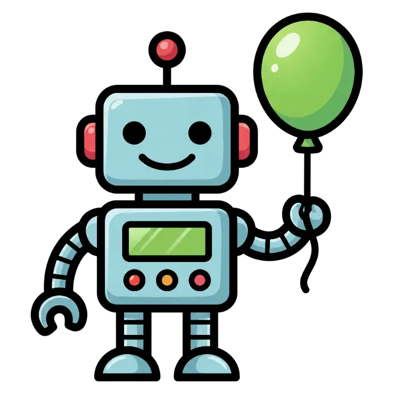 Cute Cartoon Robot Character Holding Green Balloon