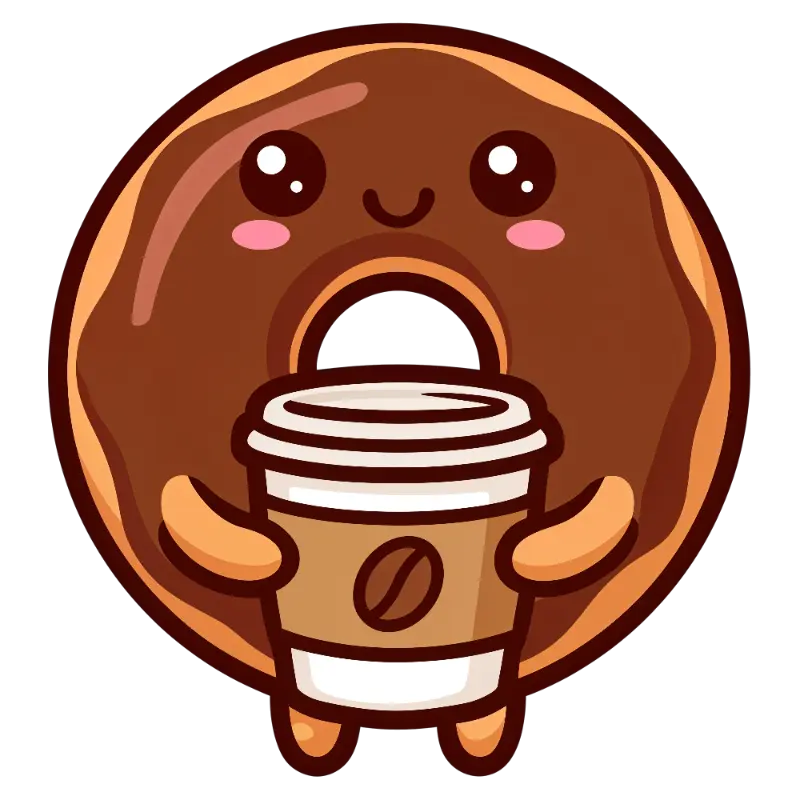 Kawaii Donut Character with Shiny Eyes and Coffee Cup
