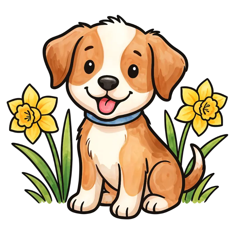 Friendly Watercolor Line Art Puppy with Spring Daffodils