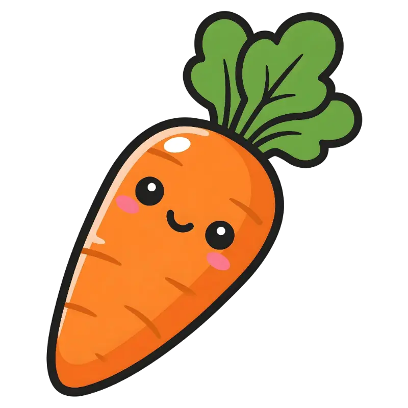 Kawaii Carrot Character with Large Round Eyes and Pink Blush Cheeks