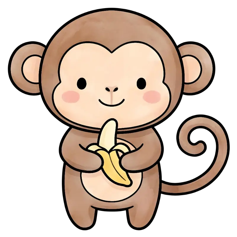 Kawaii Blushed Cheek Monkey Holding a Banana Drawing