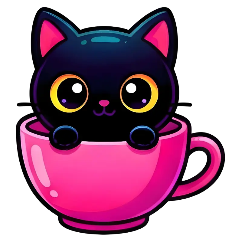 Cute Chibi Black Cat in Pink Teacup