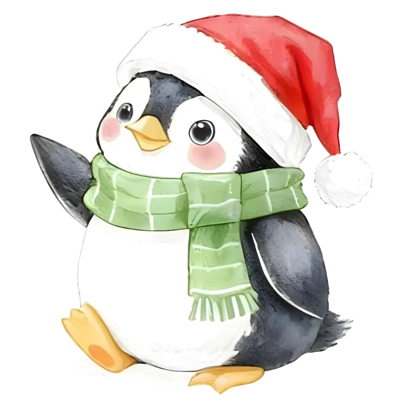 Cute Watercolor Cartoon Penguin with Santa Hat Christmas Illustration