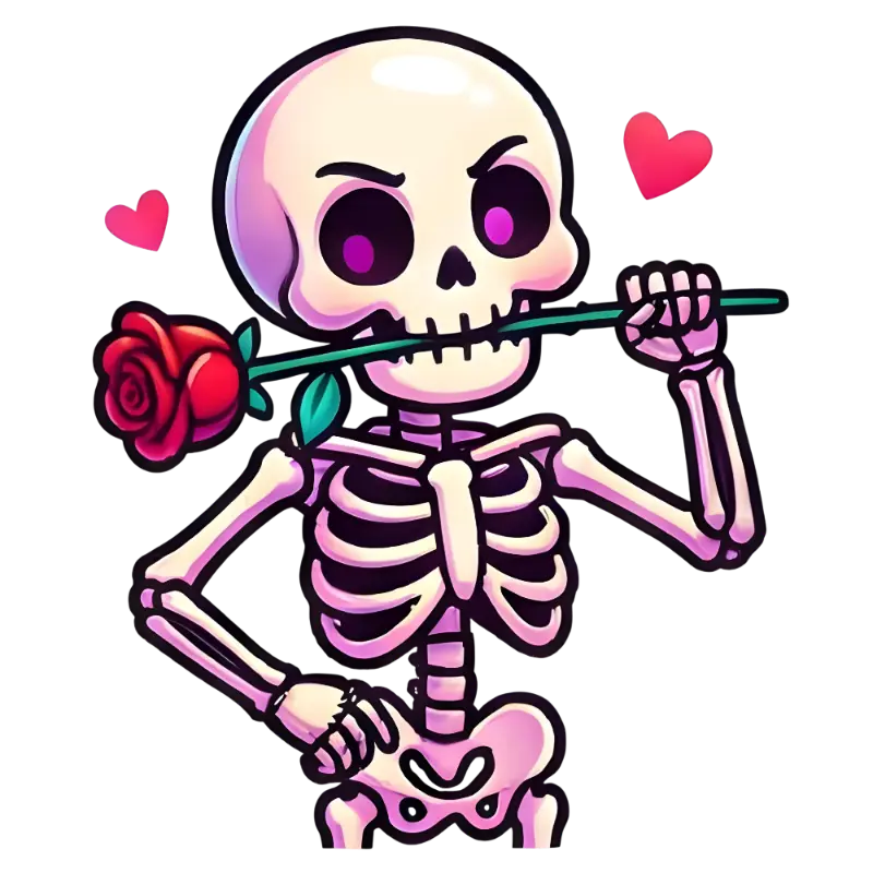Cute Flirty Skeleton Illustration with Red Rose and Pixel Hearts