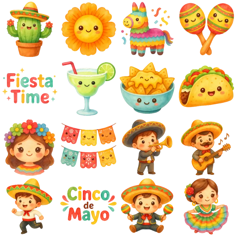 Watercolor Cartoon Adorable Mexican Fiesta Characters and Food