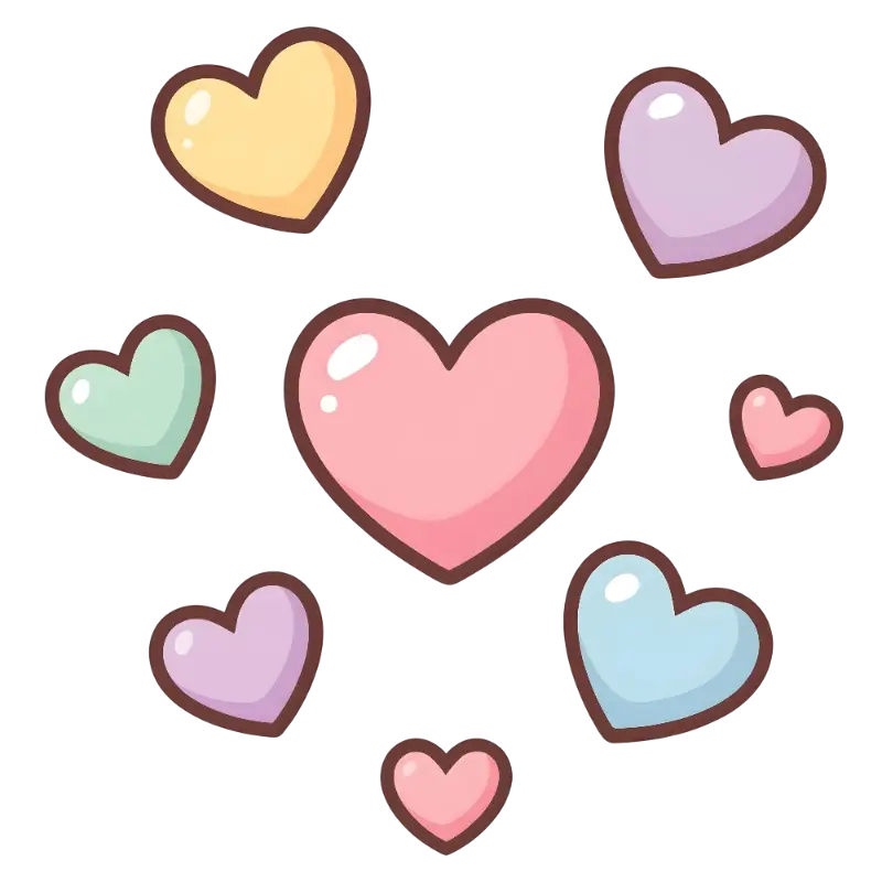 Cute Cartoon Hearts with Pastel Colors and Brown Outlines