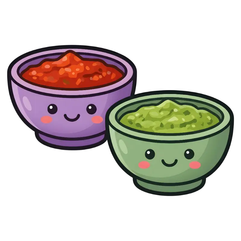 Cute Cartoon Smiling Salsa and Guacamole Bowls Illustration