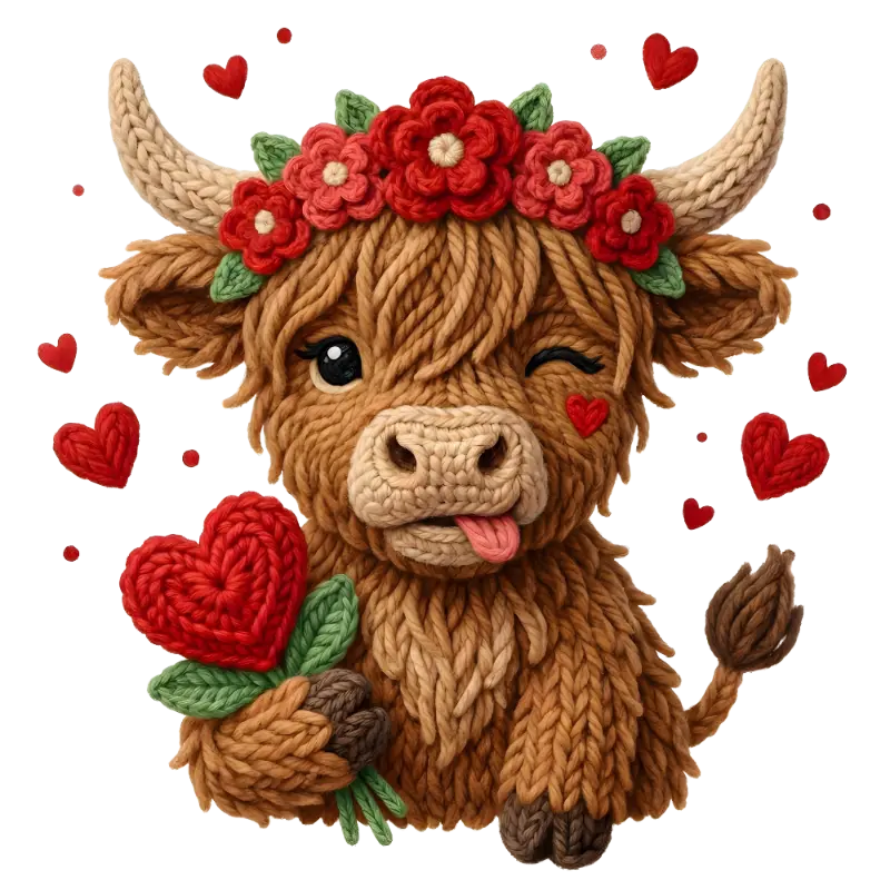 Knitted Highland Cow with Hearts & Flower Crown Valentine's Day Art