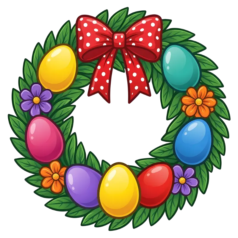 Cartoon Easter Wreath with Colorful Eggs and Polka Dot Bow