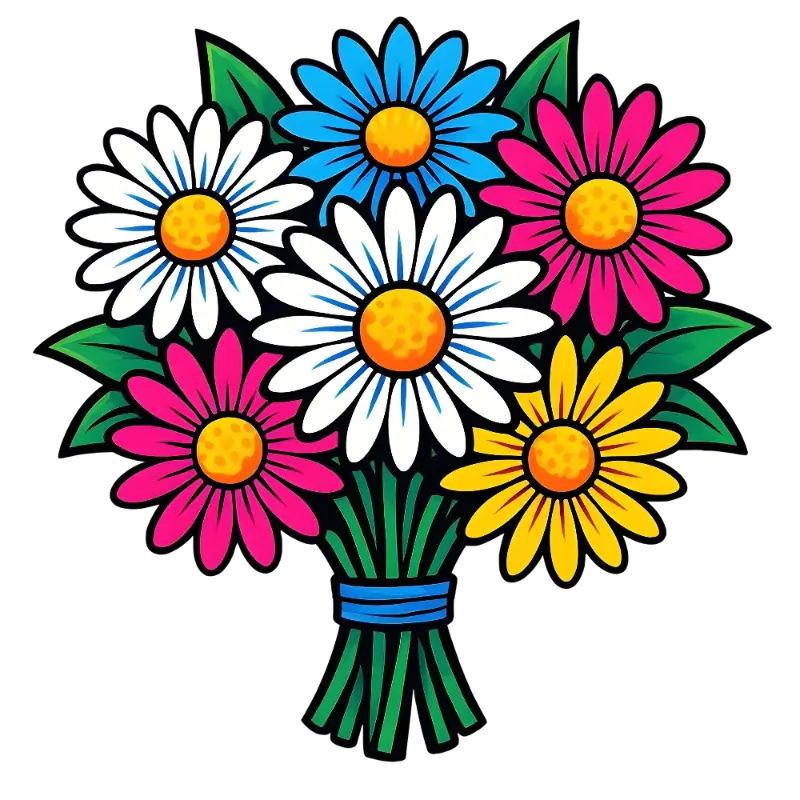 Vibrant Cartoon Daisy Flower Bouquet with Bold Outlines