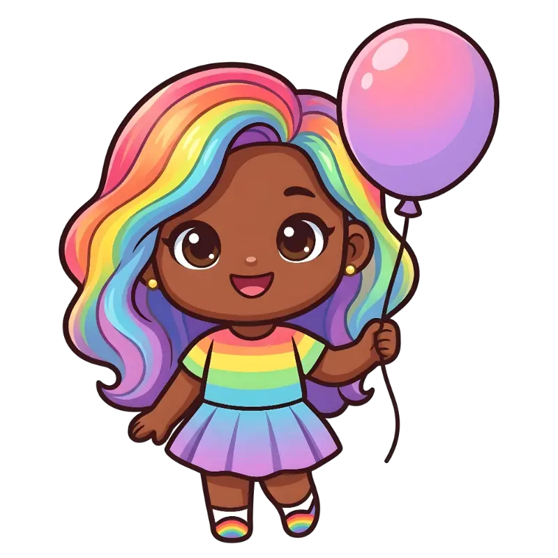 Joyful Chibi Girl with Rainbow Hair and Balloon