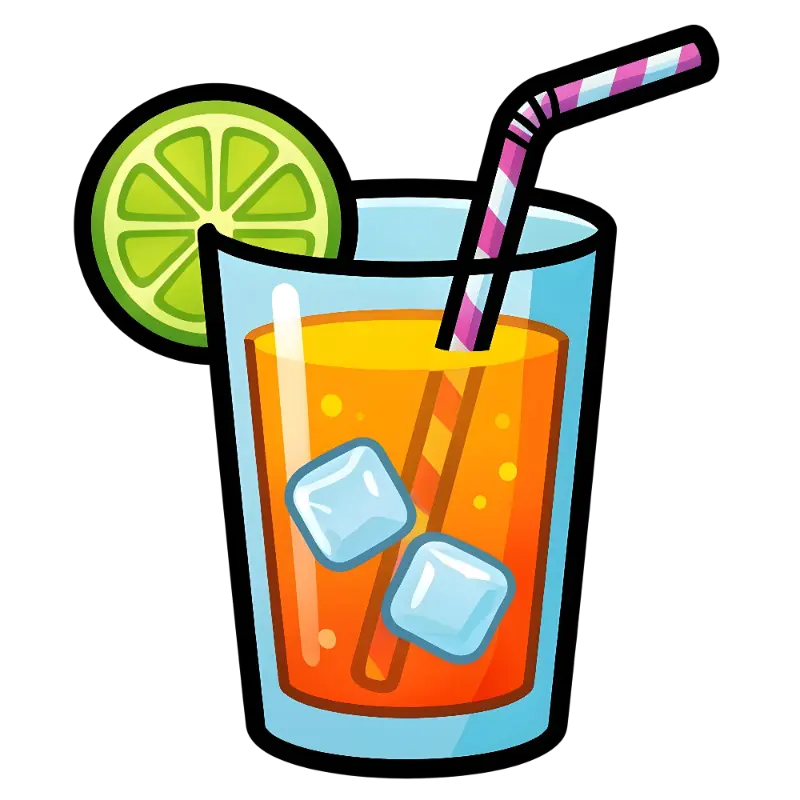 Cute Cartoon Beverage with Ice Cubes, Lime Slice, and Striped Straw