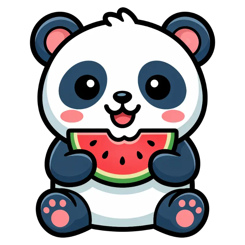Cute Cartoon Panda Character Eating Watermelon Slice