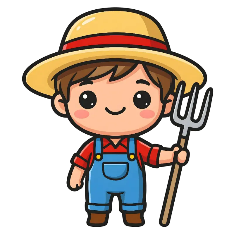 Cute Kawaii Farmer Character in Blue Overalls with Pitchfork