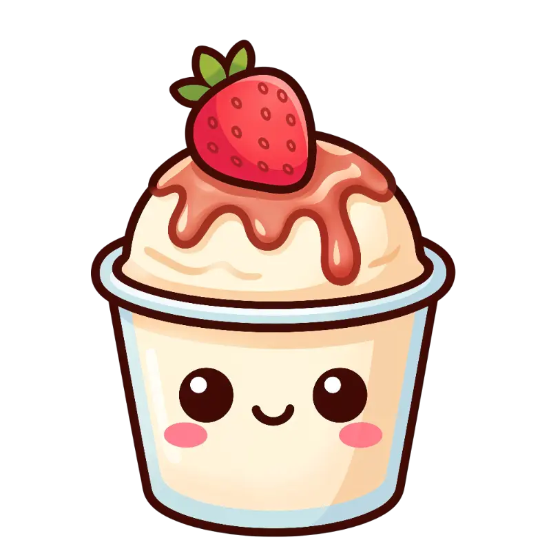 Kawaii Smiling Ice Cream Cup Character with Strawberry Topping and Sauce Drizzle