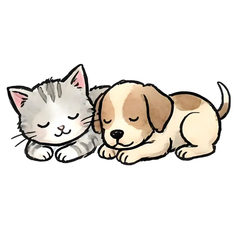Cute Watercolor Sleeping Kitten and Puppy Illustration