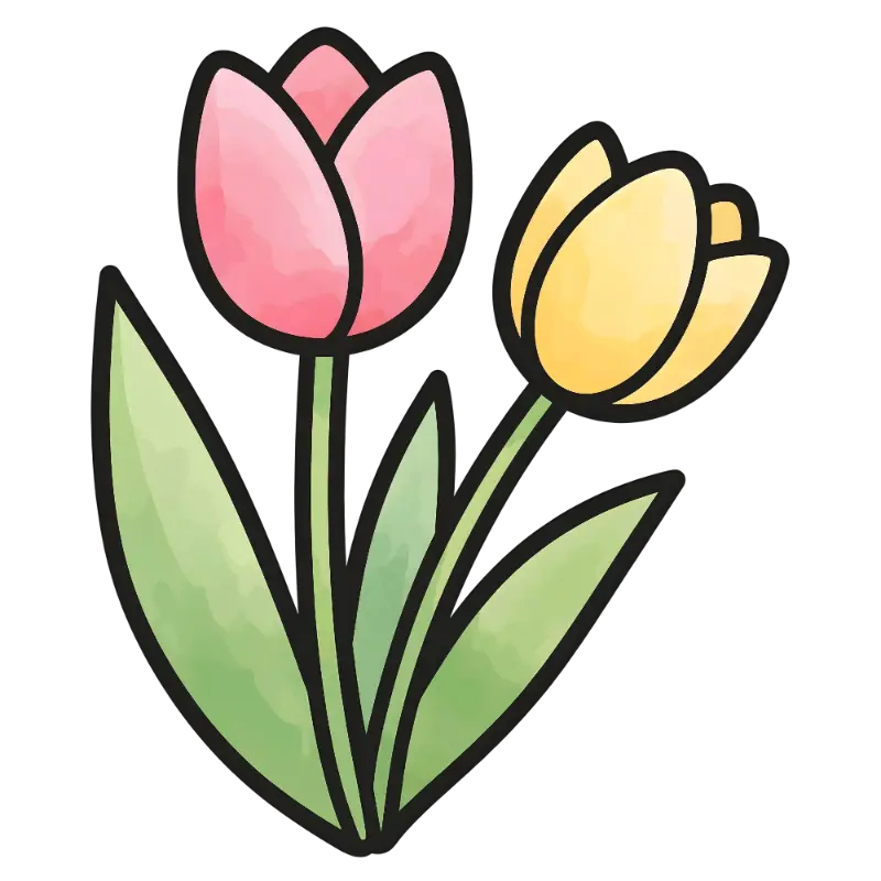 Cheerful Line Art Tulips with Watercolor Fill and Bold Outlines