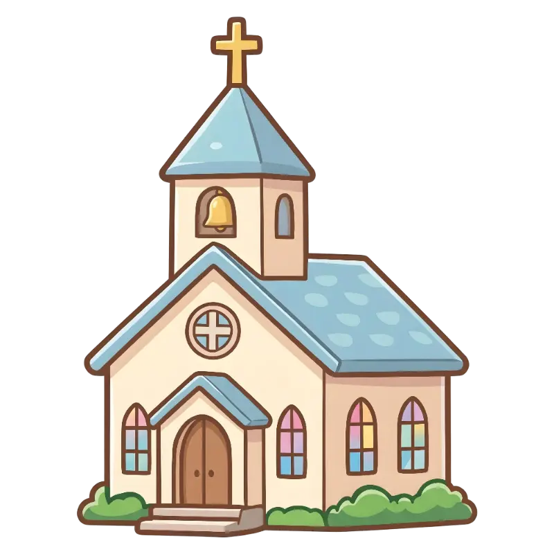 Cute Cartoon Church Building with Bell Tower and Cross