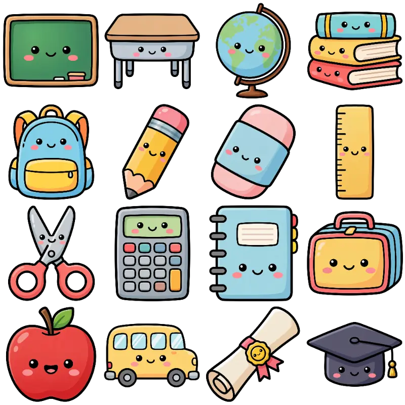Kawaii School Supplies and Educational Items Illustration