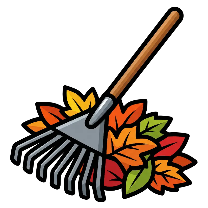 Cartoon Autumn Rake and Leaves