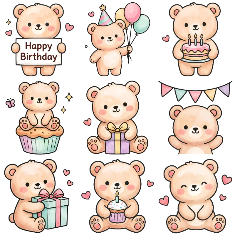 Cute Watercolor Teddy Bears Happy Birthday Party Collection