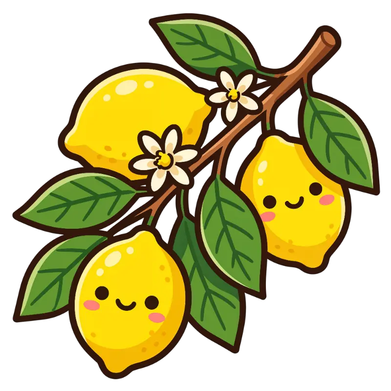 Kawaii Lemon Branch with Smiling Fruit and White Flowers