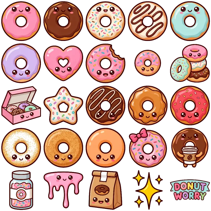 Kawaii Cartoon Donut Collection with Faces and Sprinkles