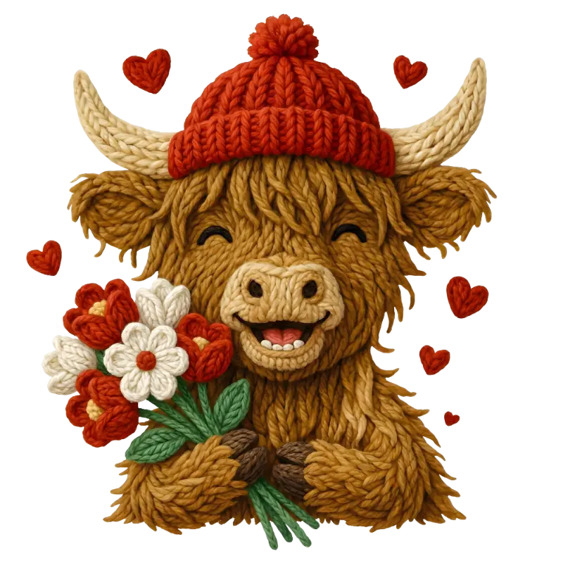 Knitted Cute Highland Cow Valentine's Day Graphic with Flowers