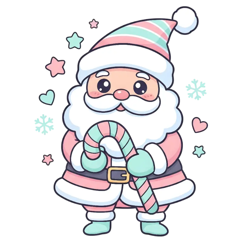Kawaii Santa Claus holding Candy Cane Festive Illustration