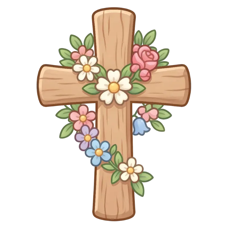 Cute Cartoon Wooden Cross with Soft Pastel Flowers